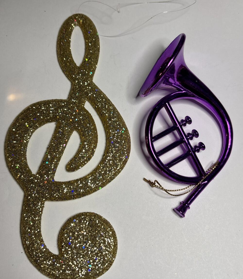 Mardi Gras Musical Ornament Set Purple French Horn Gold Glitter Treble Clef